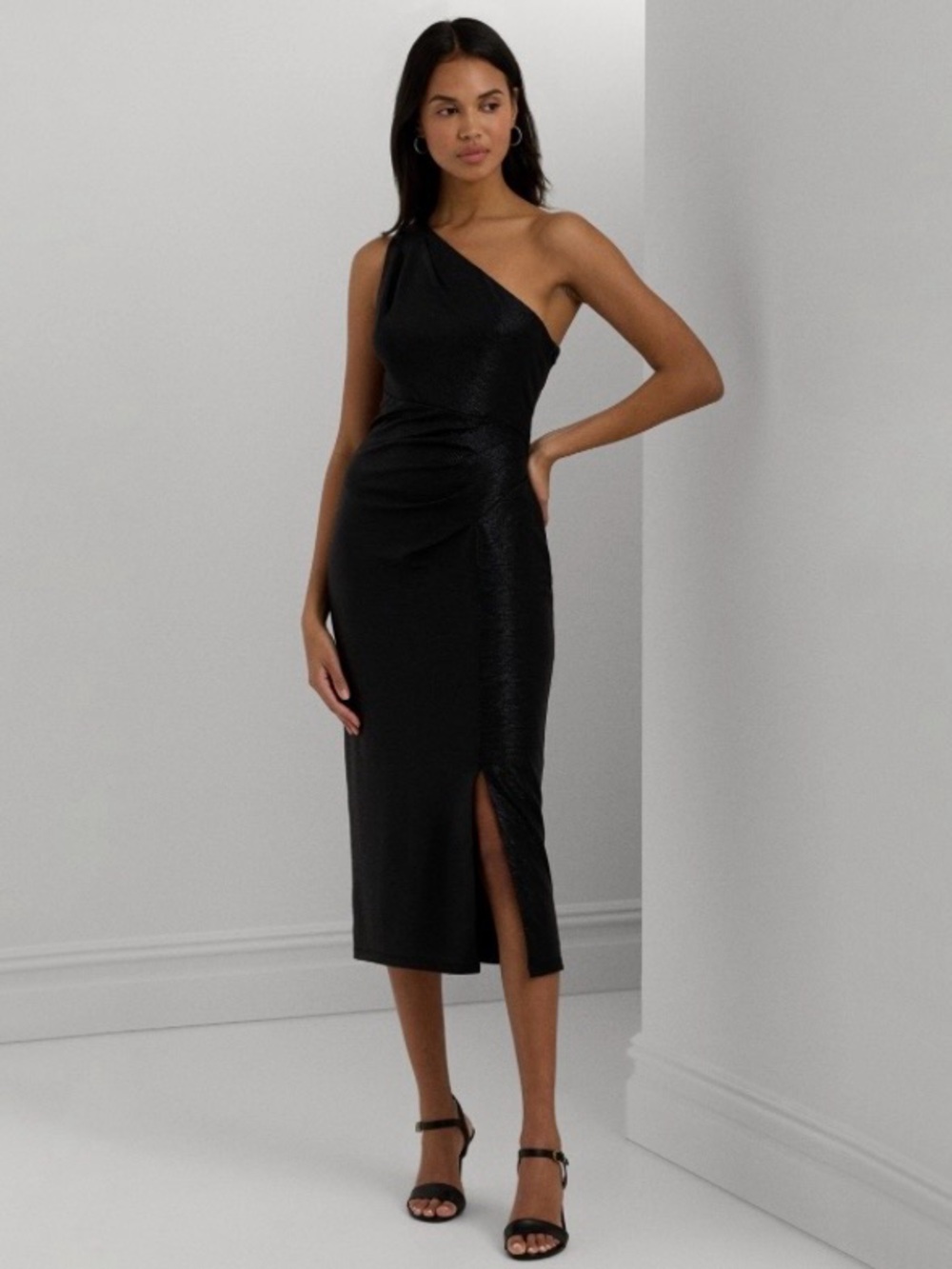Lauren Ralph Lauren Black Metallic 
Foil  One-Shoulder Cocktail Dress